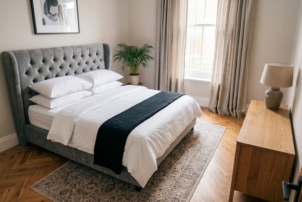 After: the same bedroom, bright, tidy and straight