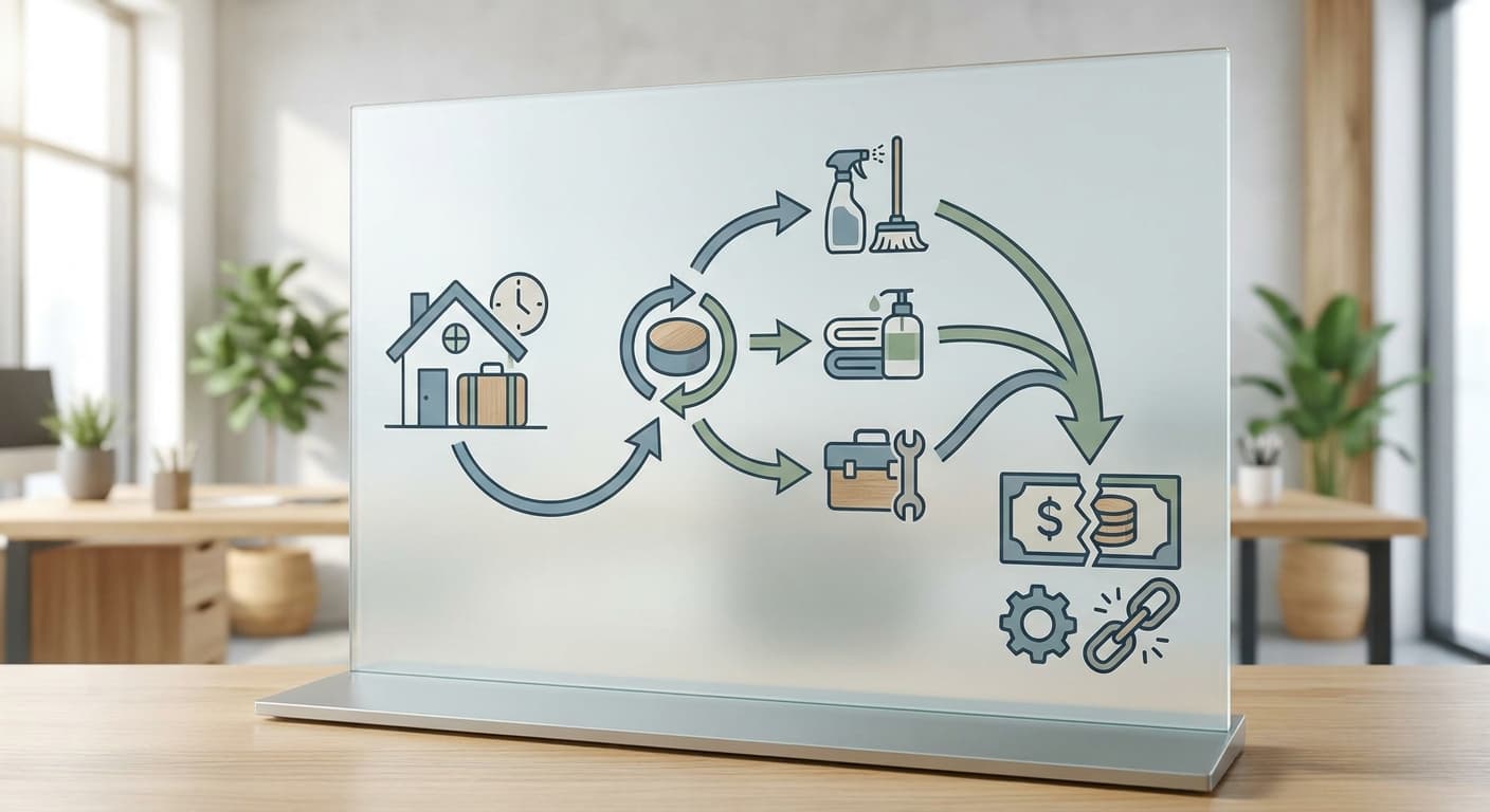 Infographic breaking down the full turnover cost for a short-term rental property, showing cleaning labor, consumable restocking, linen depreciation, inspection time, and maintenance as stacked cost components compared to the cleaning fee alone