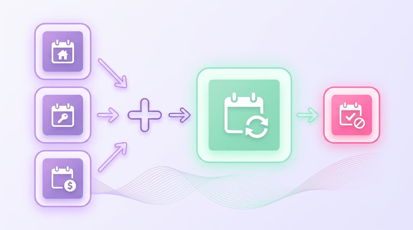 A three-step diagram showing iCal sync data flow: Airbnb generates a calendar feed URL, Vrbo imports and refreshes that URL on a fixed interval to block dates, and the host exports Vrbo's calendar URL back into Airbnb for bidirectional availability blocking across both platforms.