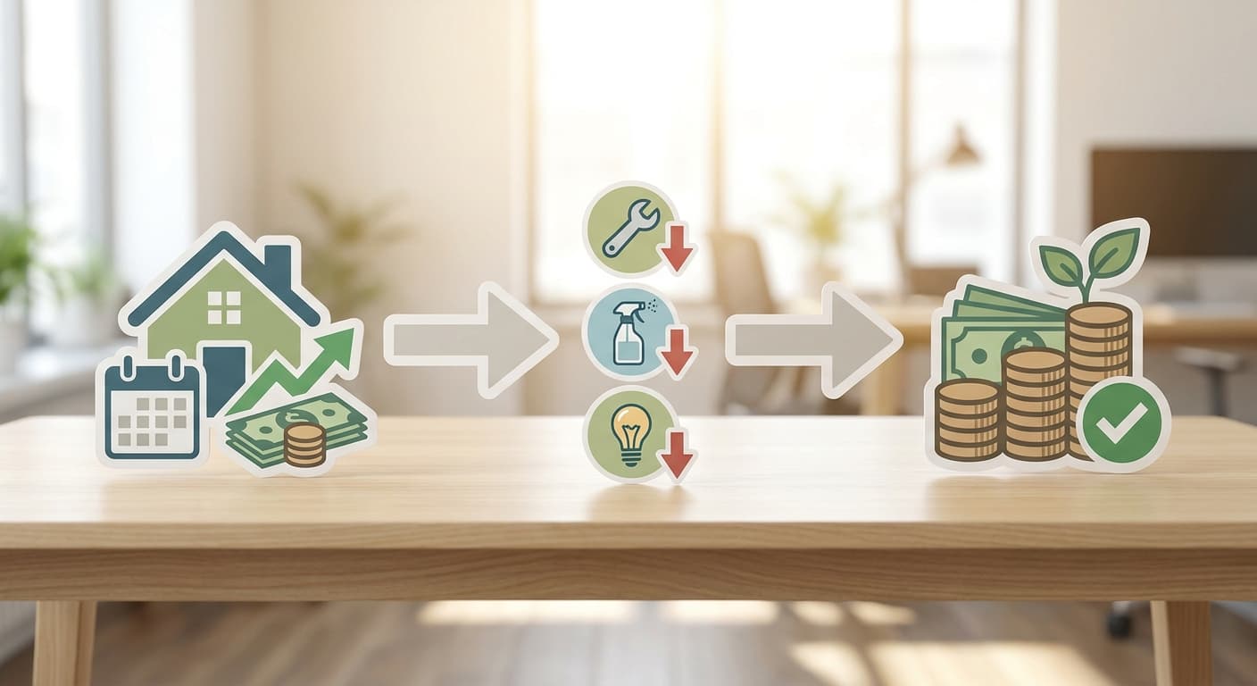 Infographic showing the NOI formula for short-term rentals: Gross Rental Income minus operating expenses (cleaning, utilities, insurance, platform fees, maintenance, property management) equals Net Operating Income, with a worked example for a two-bedroom vacation rental