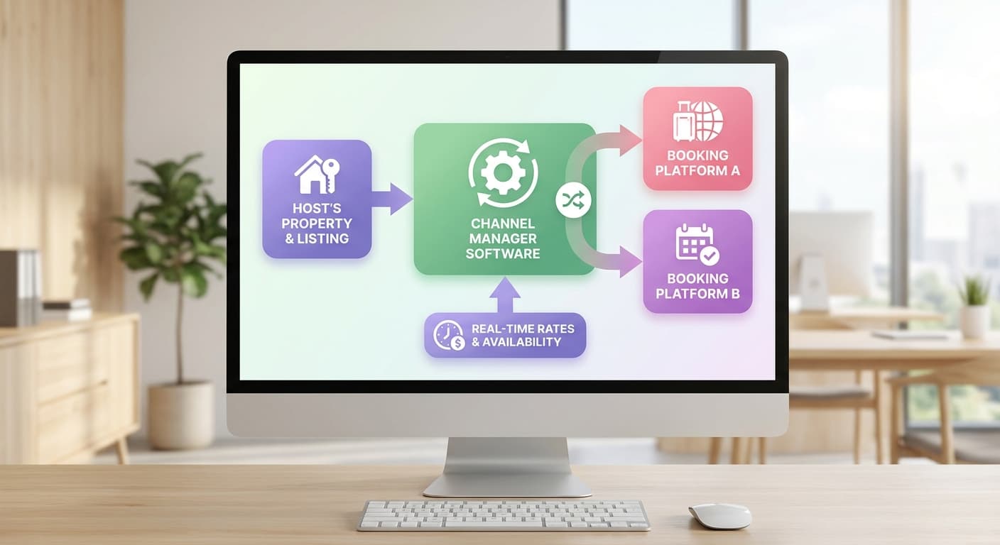 Visual explanation of vacation rental channel manager for short-term rental hosts