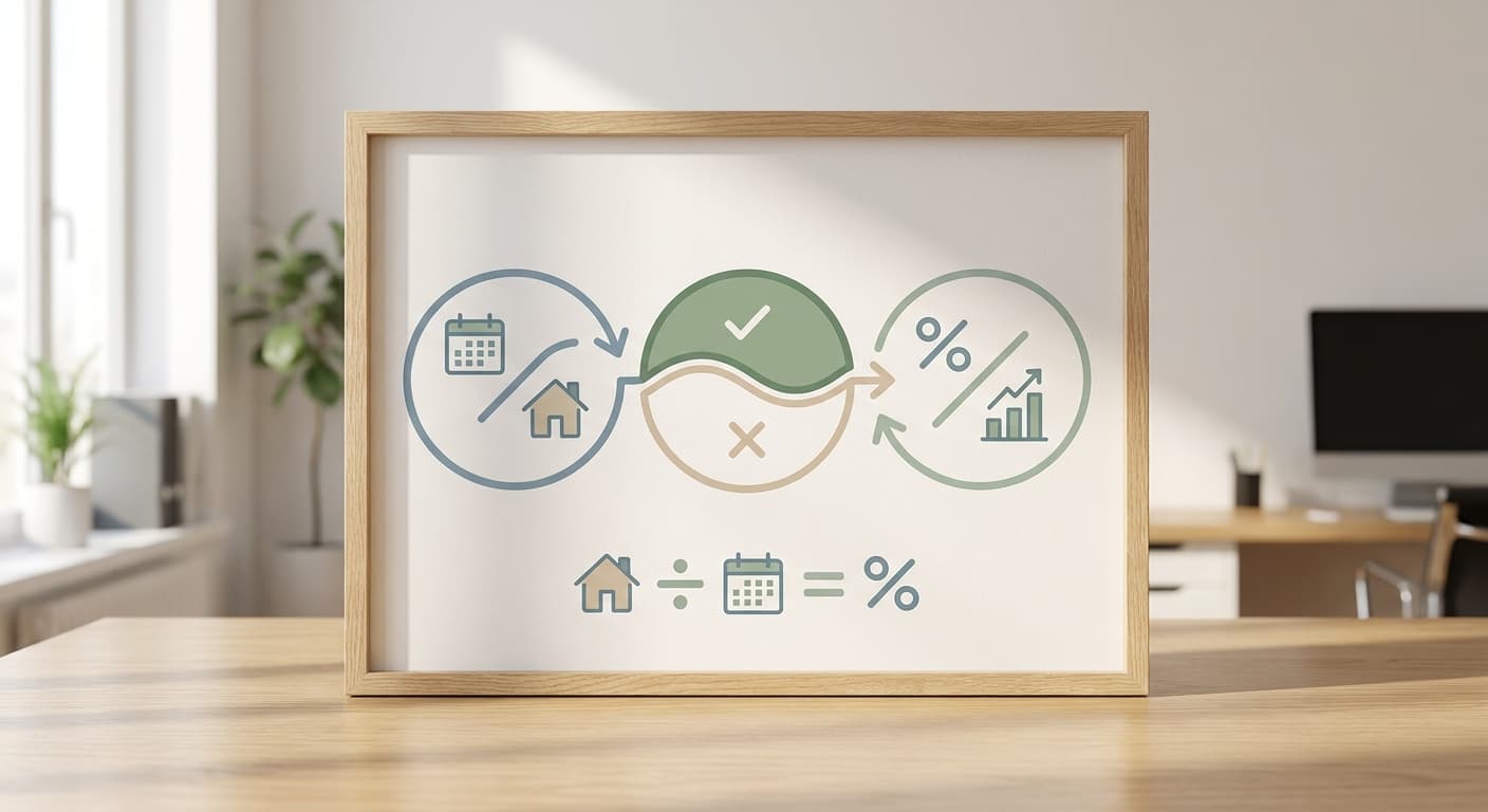 Infographic showing the occupancy rate formula: nights booked divided by total available nights, multiplied by 100, with a worked example for a short-term rental property