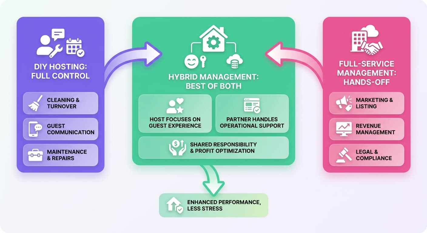 Visual explanation of what is a hybrid property management for short-term rental hosts
